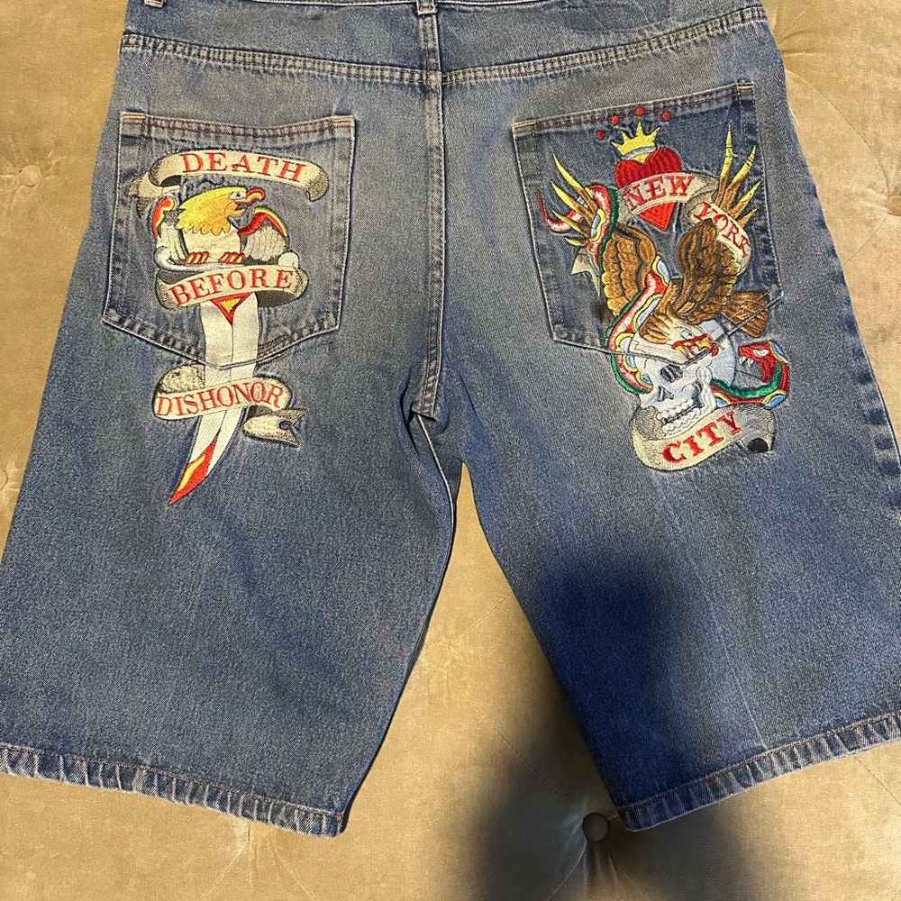 Ed Hardy Blue Jean Shorts with Bold Graphic